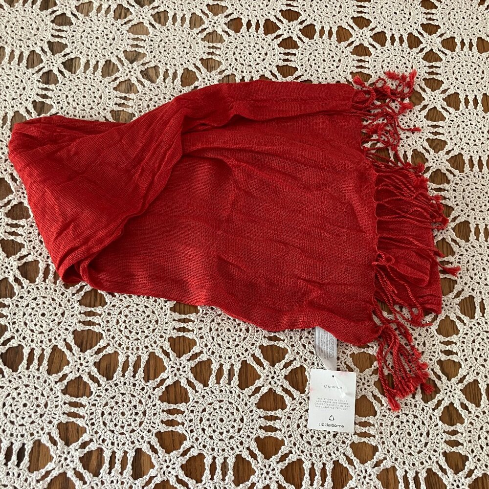 New with Tag Liz Clairborne Red Burnt Red / Orange Fringed Scarf India